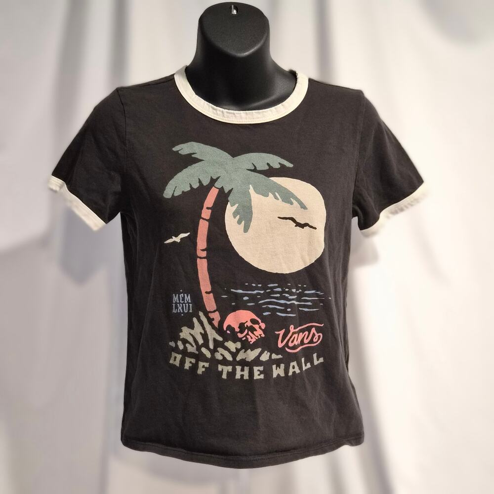 Vans Off The Wall Ringer Tee‎ Faded Black Skull Palm Tree Graphic Shirt Small